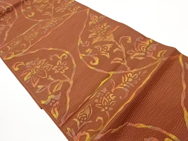 JAPANESE NAGOYA OBI / CHIKUZEN HAKATA / WOVEN FLOWER ARABESQUE